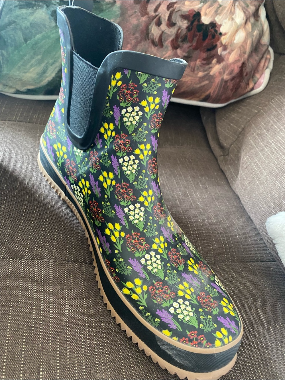 Western Chief Floral Chelsea Rain Boots in Black with Yellow, Purple & Green 9 - Picture 3 of 5